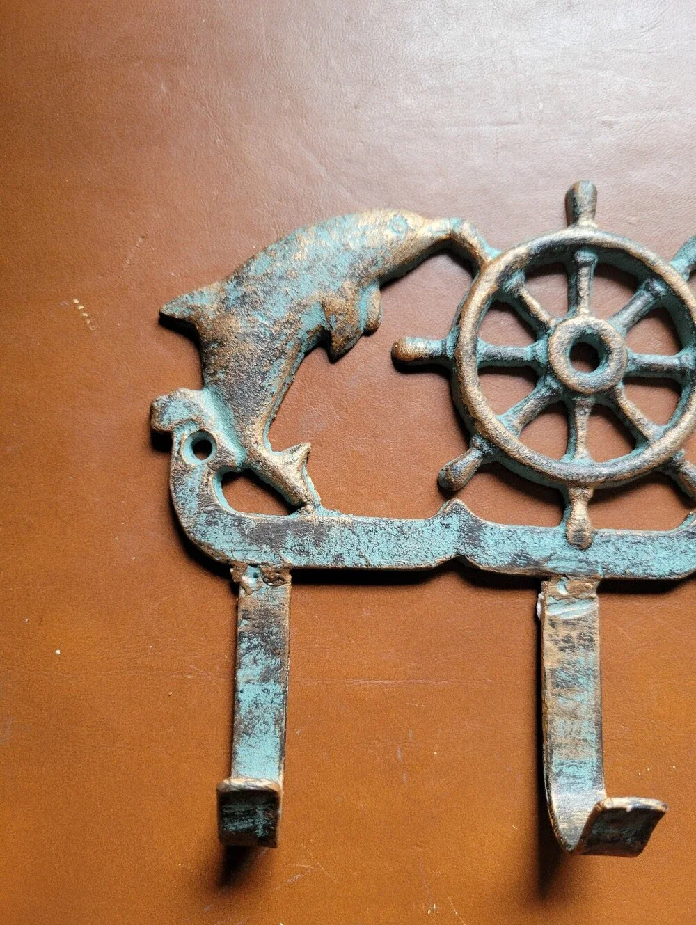 Cast Iron Nautical Dolphin and Ship's Wheel Key Hook Rack